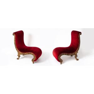 Rare Paire De Chaises De Volupté Bois Sculpté Doré Et Velours, Portugal, Vers 1880 