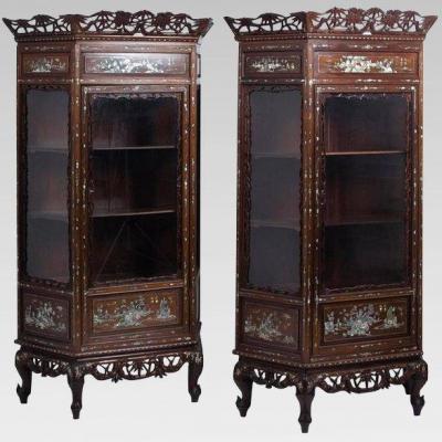 Pair Of Carved Wood Showcase S With Inlays Of Nacre. Indochina Circa 1880/1900