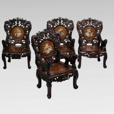 Set Of Four Armchairs In Carved Wood Inlaid With Mother Of Pearl, Indochina Circa 1880/1900
