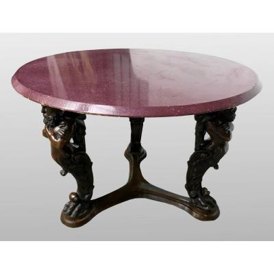 Large Italian Pedestal Table In Bronze, Tray Painted In Imitation Of Porphyry