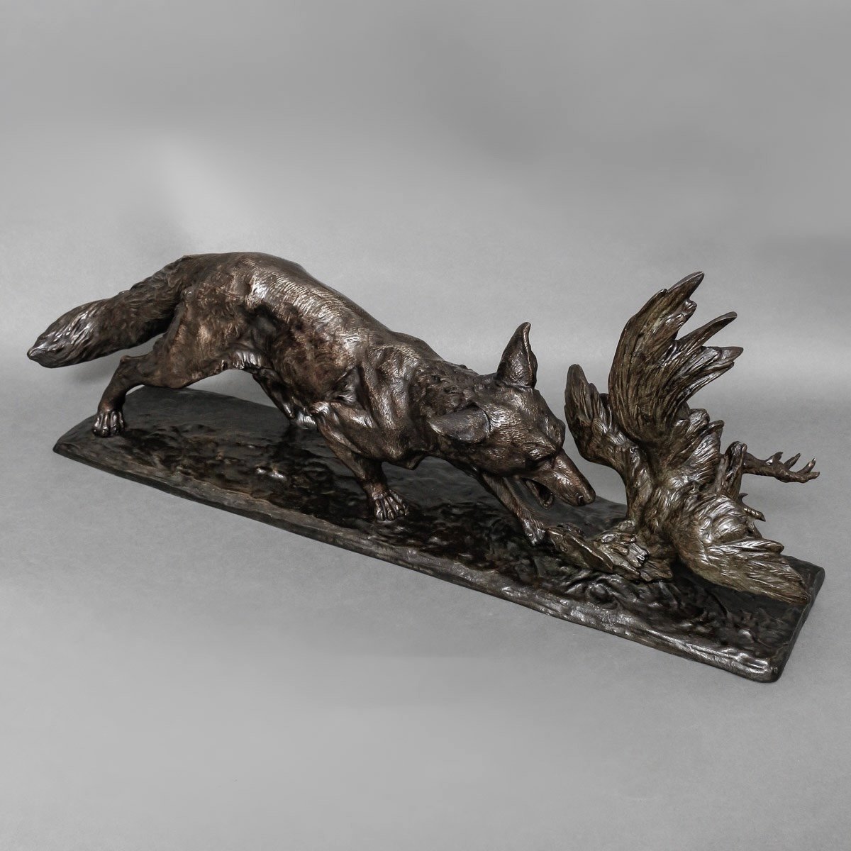 Bronze Group " Fox Attacking A Rooster " , Edouard Drouot (1859-1945)-photo-2