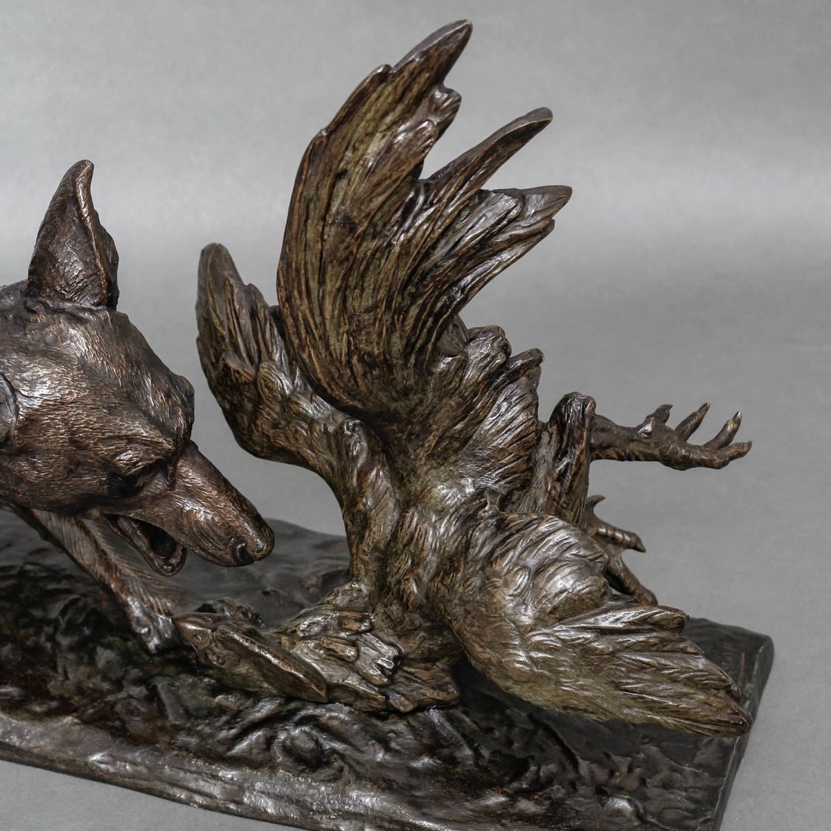 Bronze Group " Fox Attacking A Rooster " , Edouard Drouot (1859-1945)-photo-3