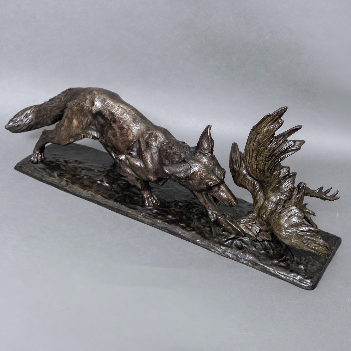 Bronze Group " Fox Attacking A Rooster " , Edouard Drouot (1859-1945)-photo-1