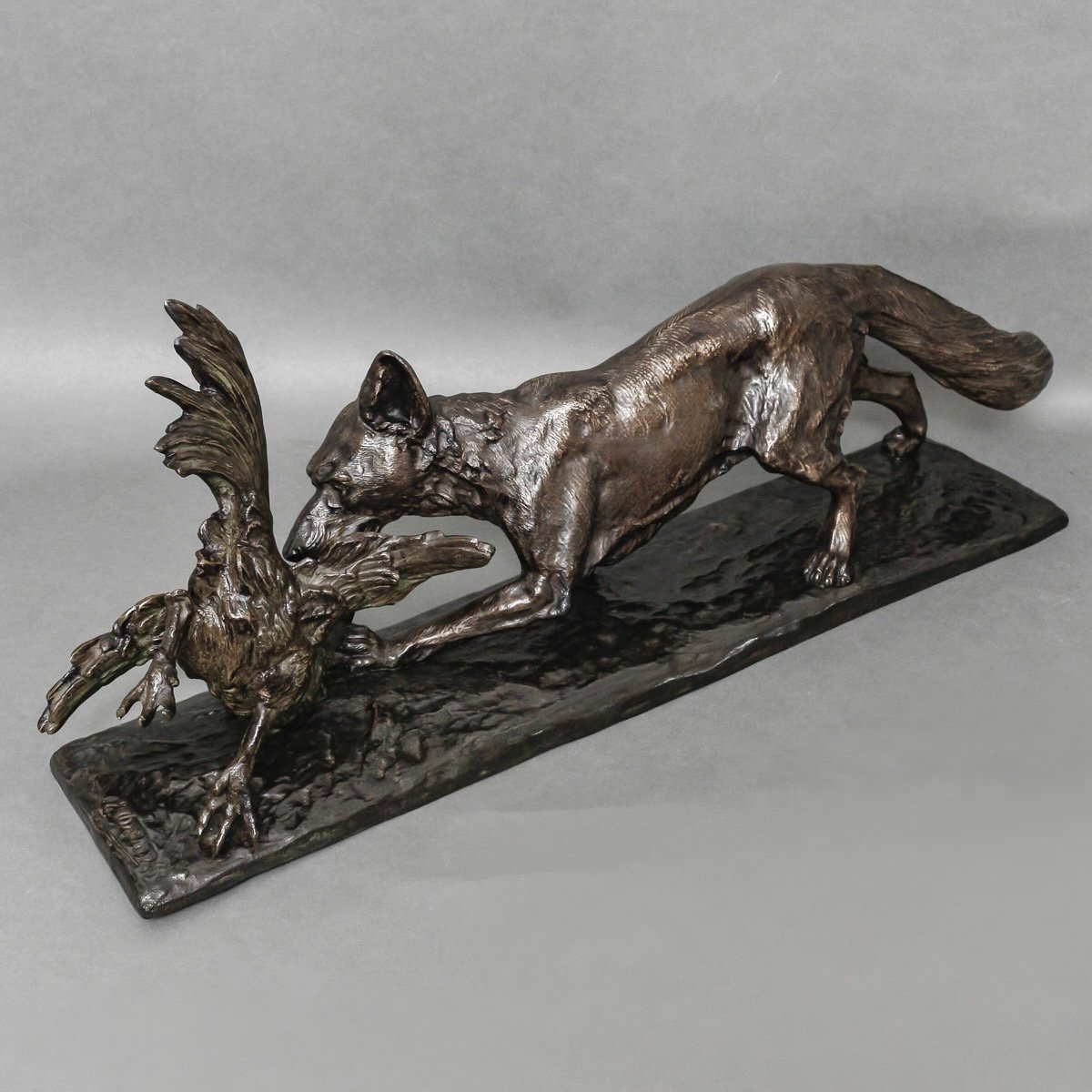 Bronze Group " Fox Attacking A Rooster " , Edouard Drouot (1859-1945)-photo-3