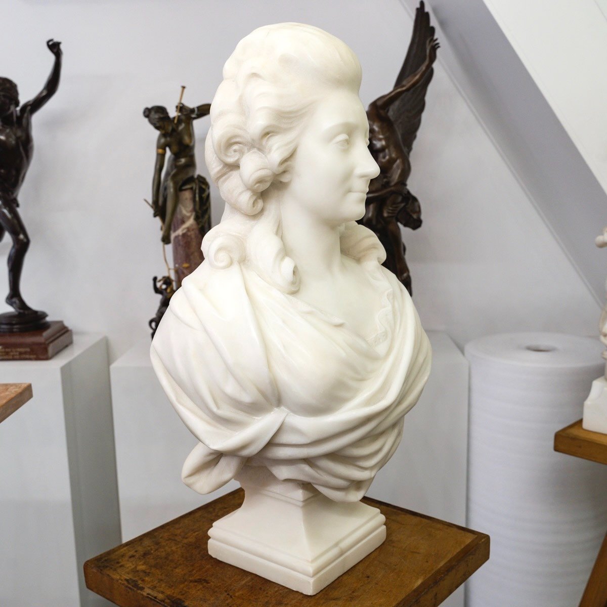 White Carrara Marble Bust " Madame Of Pompadour ", Guglielmo Pugi (1850-1915) -photo-3