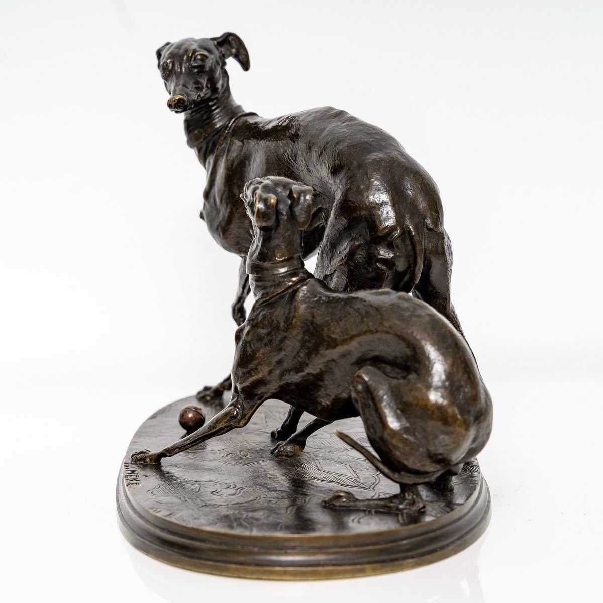 Groupe En Bronze " Deux Levrettes Jouant à La Boule " , Pierre-jules Mêne (1810-1879) -photo-1