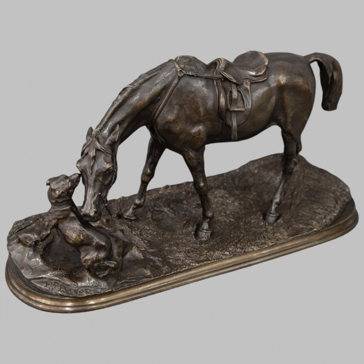 Bronze Group " Mare In The Stable Playing With A Dog ", Pierre - Jules Mêne (1810-1879)-photo-3