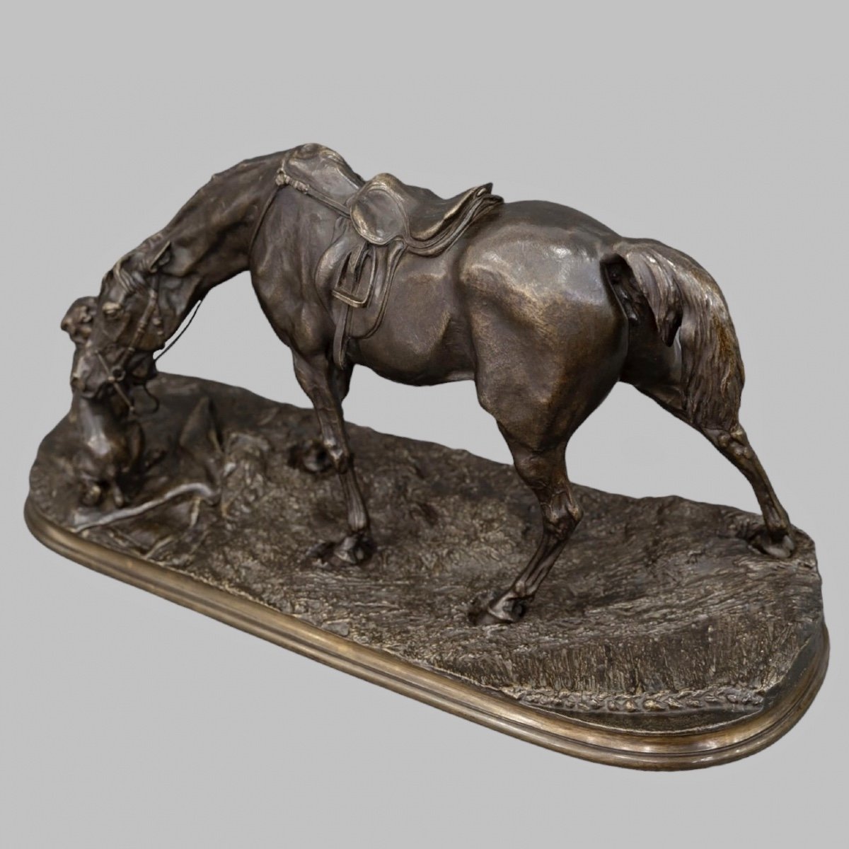 Bronze Group " Mare In The Stable Playing With A Dog ", Pierre - Jules Mêne (1810-1879)-photo-4