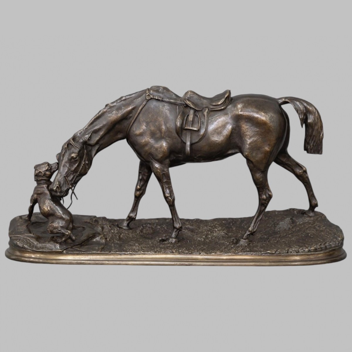 Bronze Group " Mare In The Stable Playing With A Dog ", Pierre - Jules Mêne (1810-1879)-photo-1