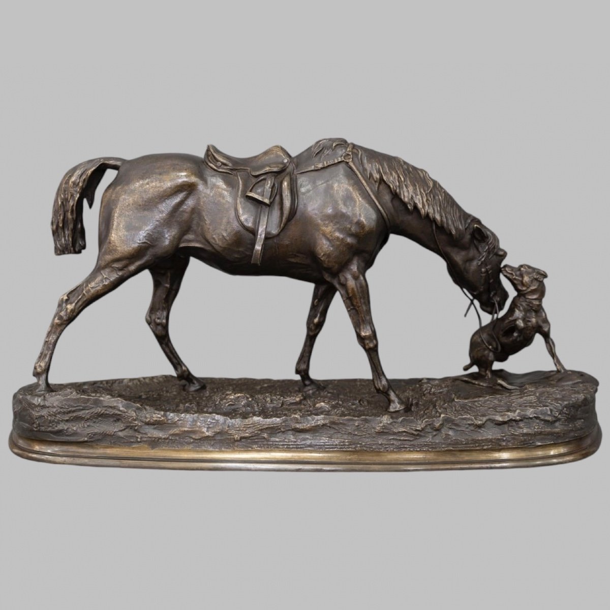 Bronze Group " Mare In The Stable Playing With A Dog ", Pierre - Jules Mêne (1810-1879)-photo-2