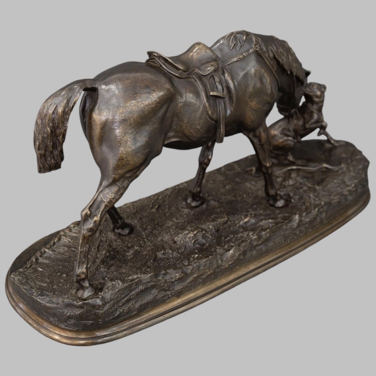 Bronze Group " Mare In The Stable Playing With A Dog ", Pierre - Jules Mêne (1810-1879)-photo-3