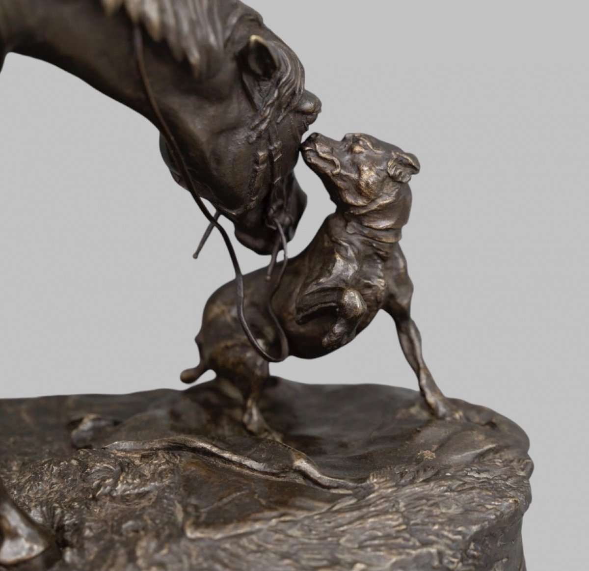 Bronze Group " Mare In The Stable Playing With A Dog ", Pierre - Jules Mêne (1810-1879)-photo-4