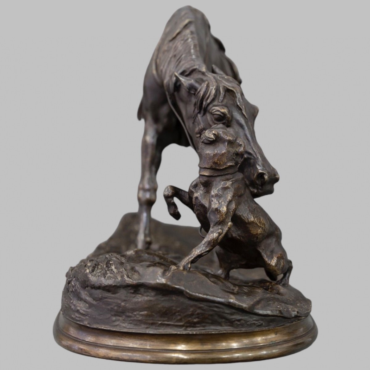 Bronze Group " Mare In The Stable Playing With A Dog ", Pierre - Jules Mêne (1810-1879)-photo-5