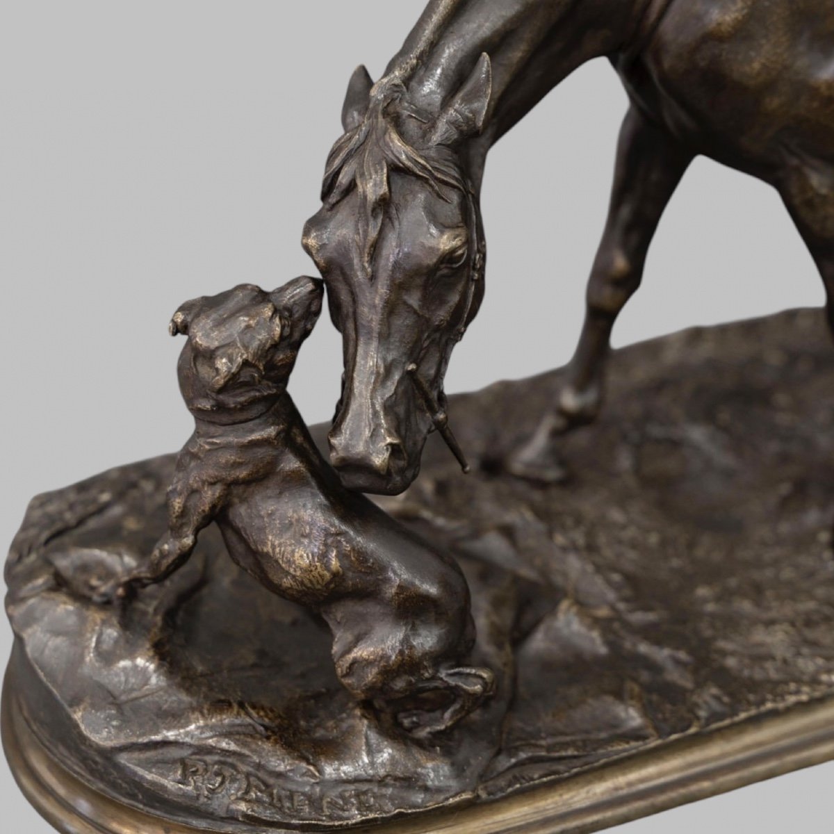 Bronze Group " Mare In The Stable Playing With A Dog ", Pierre - Jules Mêne (1810-1879)-photo-6