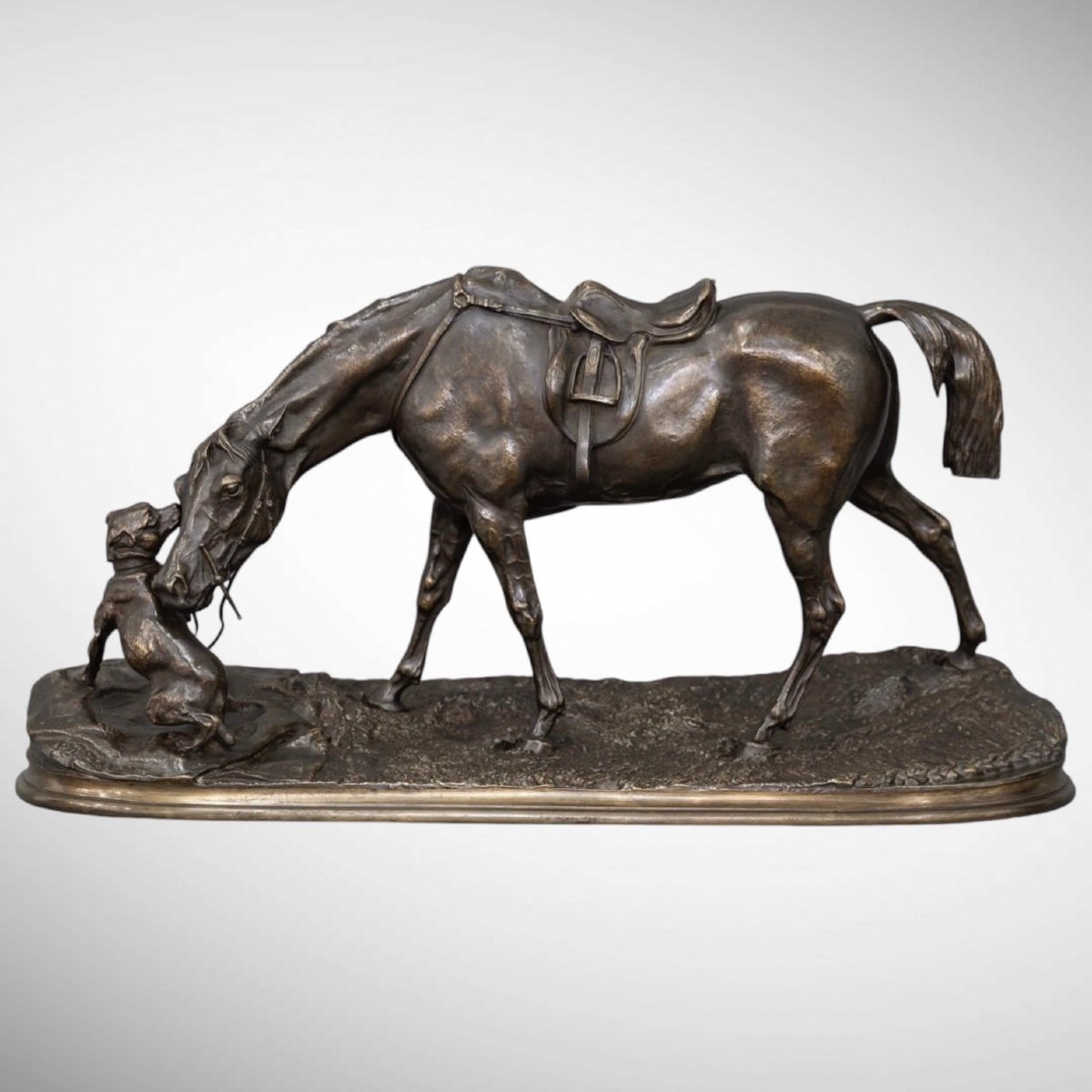 Bronze Group " Mare In The Stable Playing With A Dog ", Pierre - Jules Mêne (1810-1879)