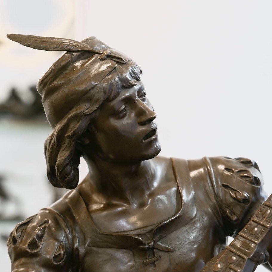 Sculpture - Oysel The Troubadour , Emile Boisseau (1842-1923) - Bronze -photo-5