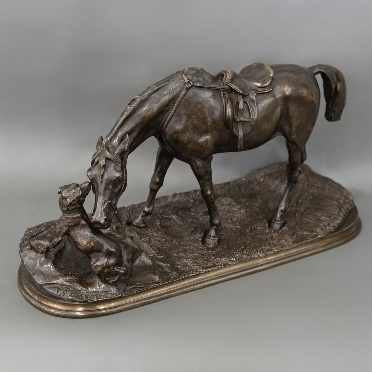 Sculpture - Jument à L’ Écurie Jouant Avec Un Chien  , Pierre - Jules Mêne (1810-1879) - Bronze-photo-3