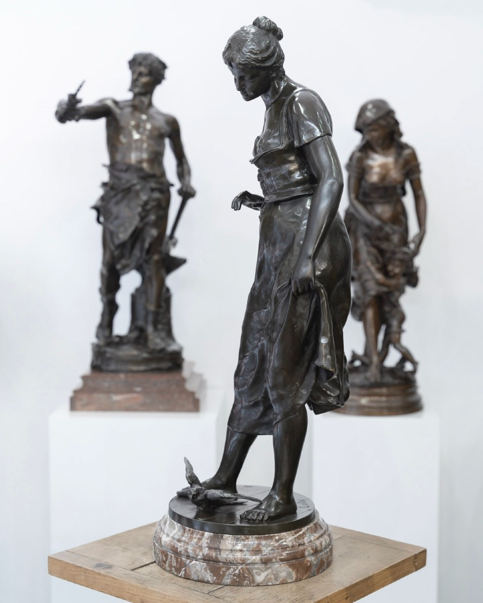 Sculpture - Le Retour des Hirondelles , Émile Joseph Nestor Carlier (1849-1927) - Bronze -photo-2