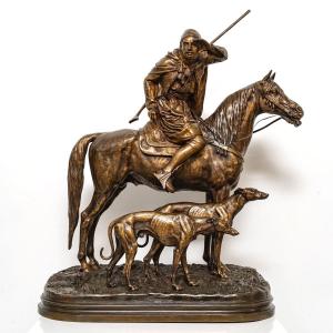 Sculpture - Cavalier Arabe Avec Deux Lévriers , Alfred Dubucand (1828-1894) - Bronze XIX ème Siècle