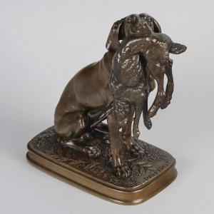 Sculpture - Dog Holding A Hare In Its Mouth , Ferdinand Pautrot (1832 - 1874) - Bronze