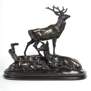 Groupe En Bronze - Famille De Cerf , Antoine - Louis Barye (1795-1875) 