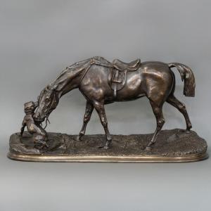 Sculpture - Mare In The Stable Playing With A Dog , Pierre-jules Mêne (1810-1879) - Bronze