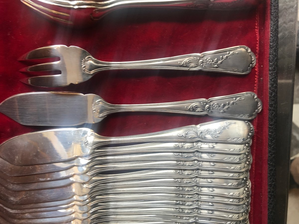 Suite Of 18 Silver-plated Fish Cutlery Goldsmith Daniel Cregut With Serving Cutlery-photo-2