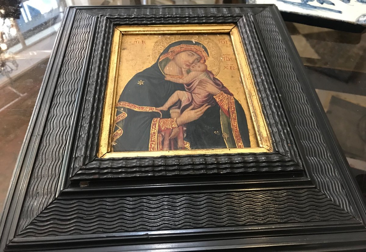 Fine Italian Painting Of The Mother Of God At The End Of The 19th Century, On Wood And Gold Bac-photo-2