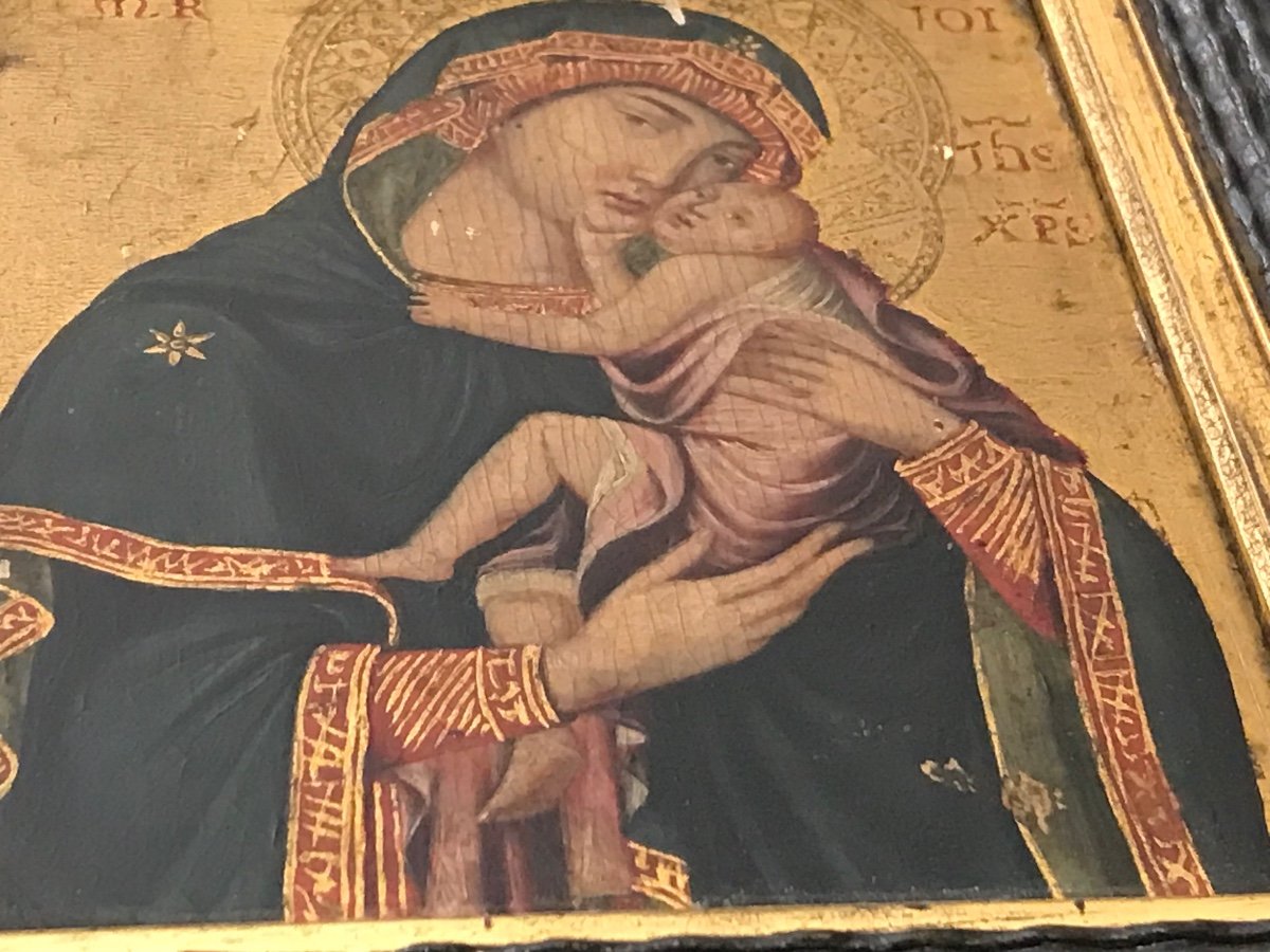 Fine peinture italienne de la Mère de Dieu fin du XIX ème , sur bois et fond or, cadre en ébène-photo-1