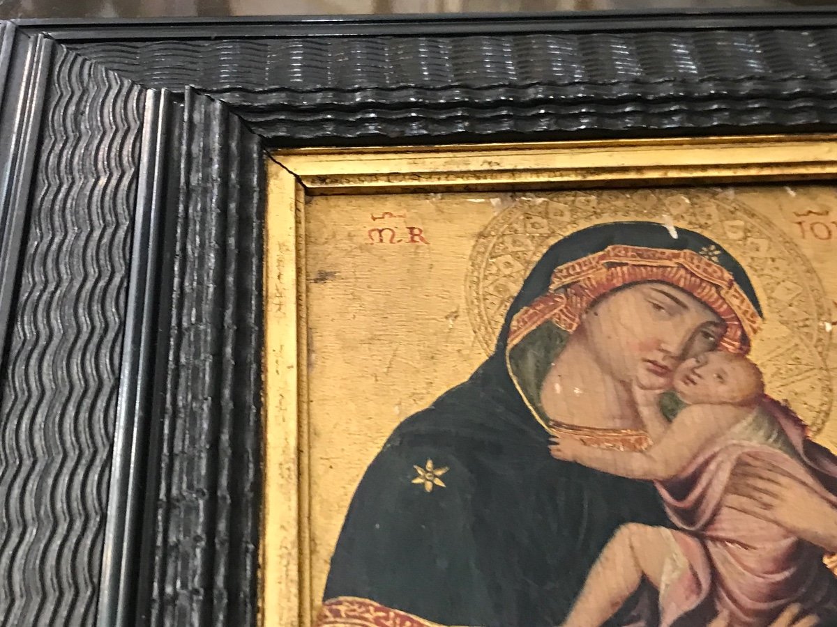 Fine Italian Painting Of The Mother Of God At The End Of The 19th Century, On Wood And Gold Bac-photo-5