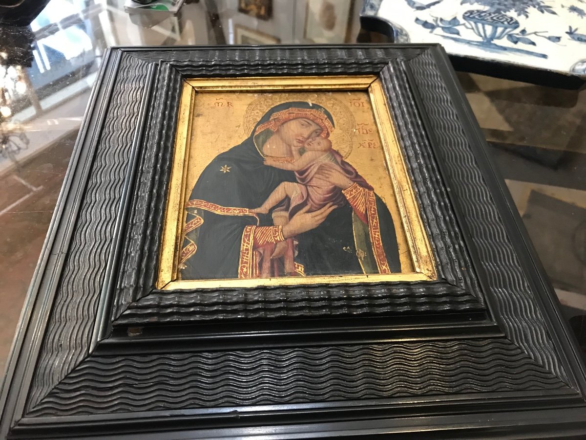 Fine peinture italienne de la Mère de Dieu fin du XIX ème , sur bois et fond or, cadre en ébène-photo-8
