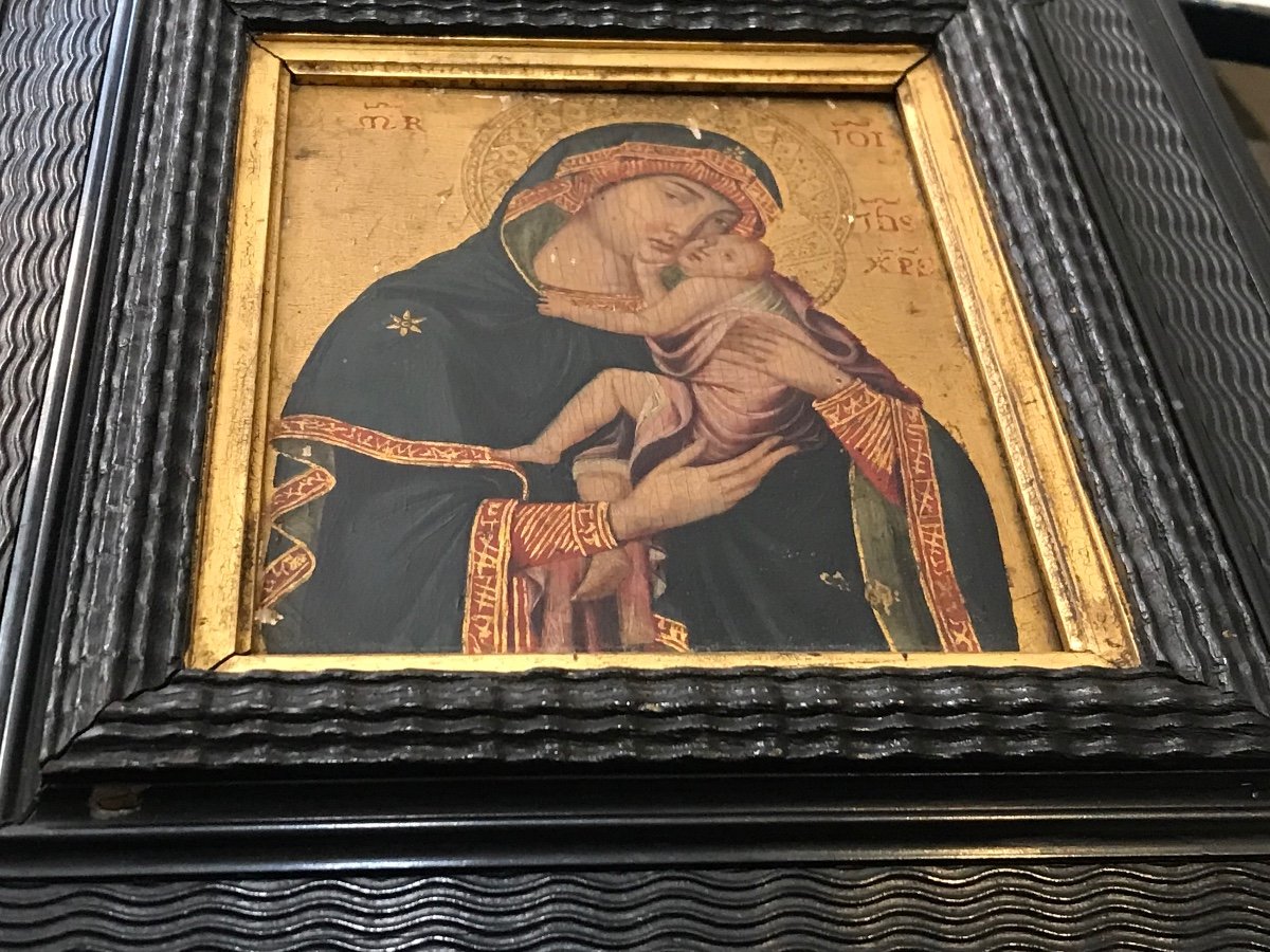 Fine peinture italienne de la Mère de Dieu fin du XIX ème , sur bois et fond or, cadre en ébène