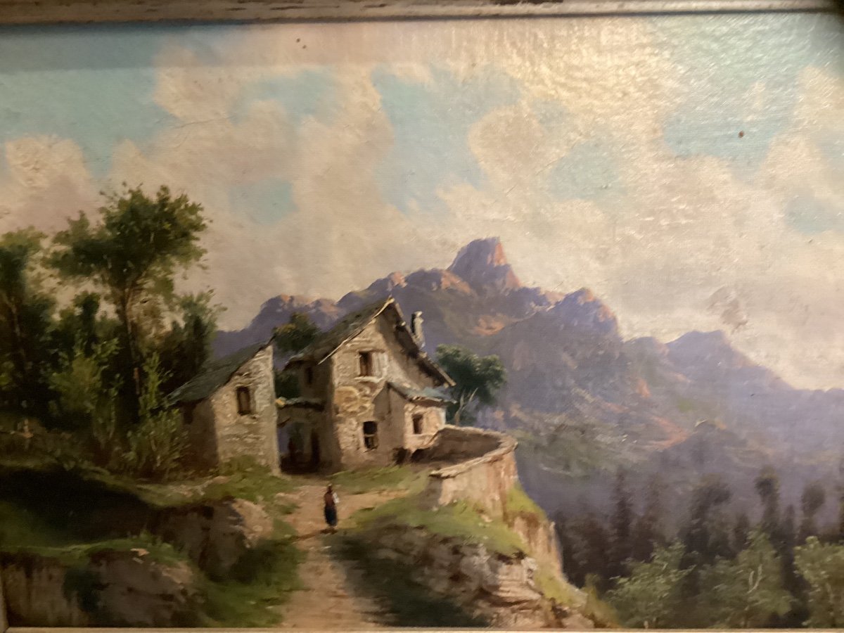 Petite Peinture Du XIXeme Sur Toile Représentantt Un Paysage De Montagne Imaginaire Ou Suisse? -photo-4