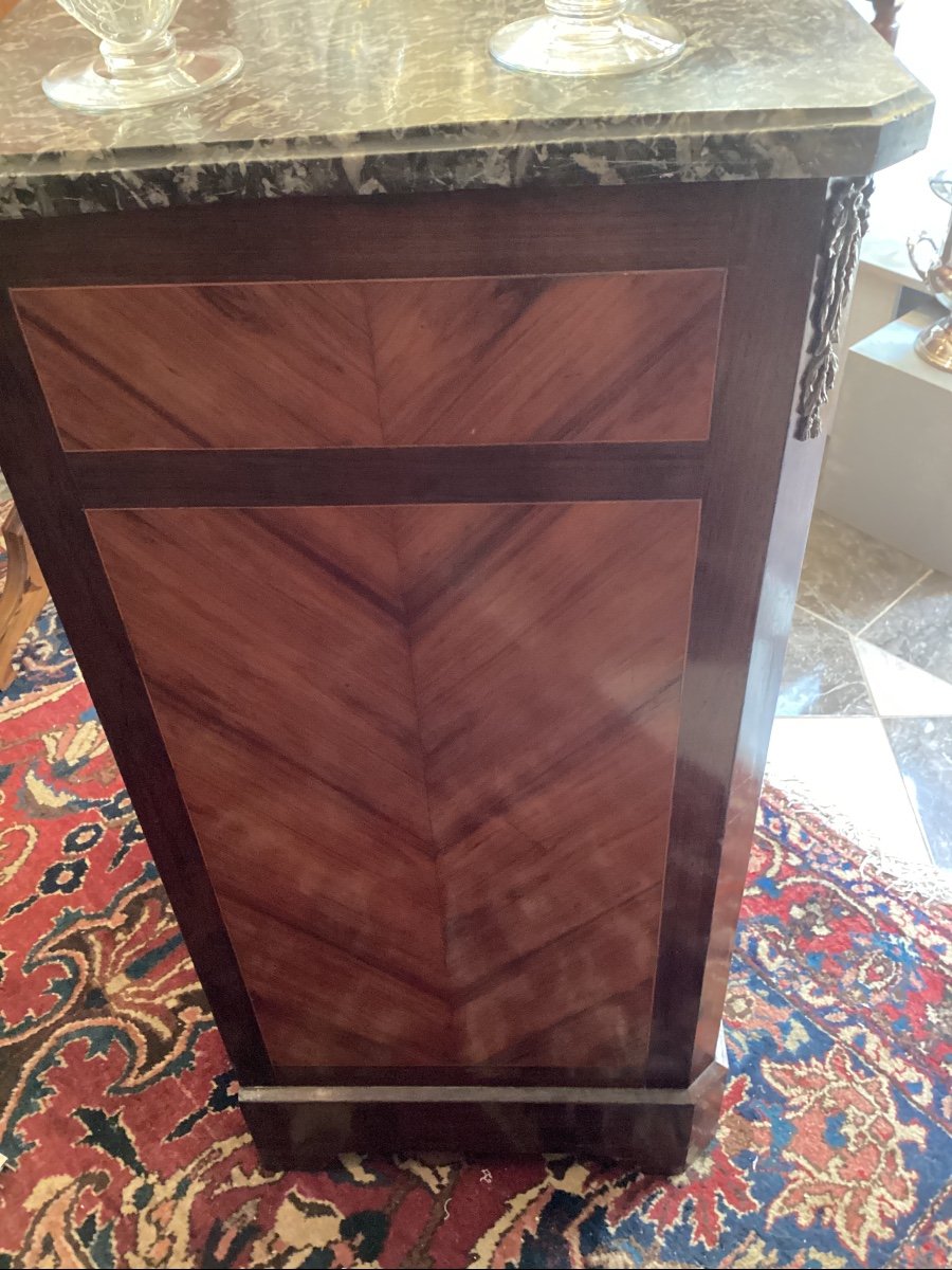 Small Marquetry Cabinet, Late 18th Century, Louis XVI Style, 4 Drawers, Grey Saint-anne Marble-photo-2