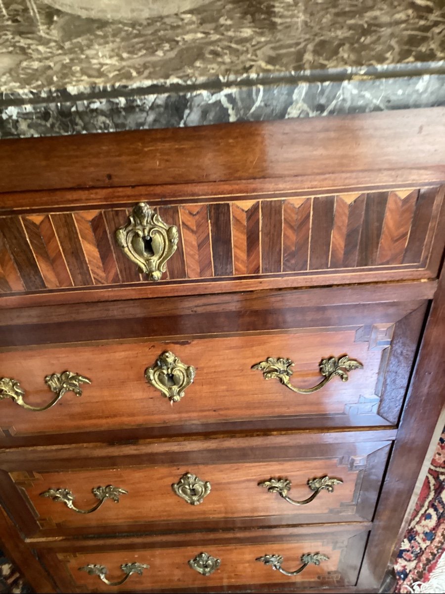 Small Marquetry Cabinet, Late 18th Century, Louis XVI Style, 4 Drawers, Grey Saint-anne Marble-photo-3