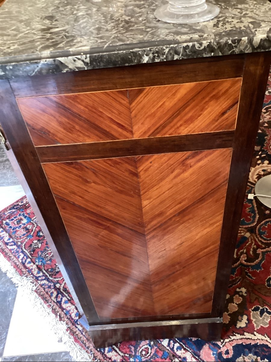 Small Marquetry Cabinet, Late 18th Century, Louis XVI Style, 4 Drawers, Grey Saint-anne Marble-photo-4