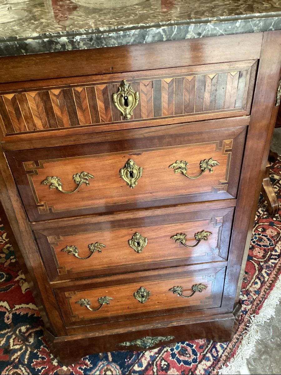 Small Marquetry Cabinet, Late 18th Century, Louis XVI Style, 4 Drawers, Grey Saint-anne Marble-photo-6