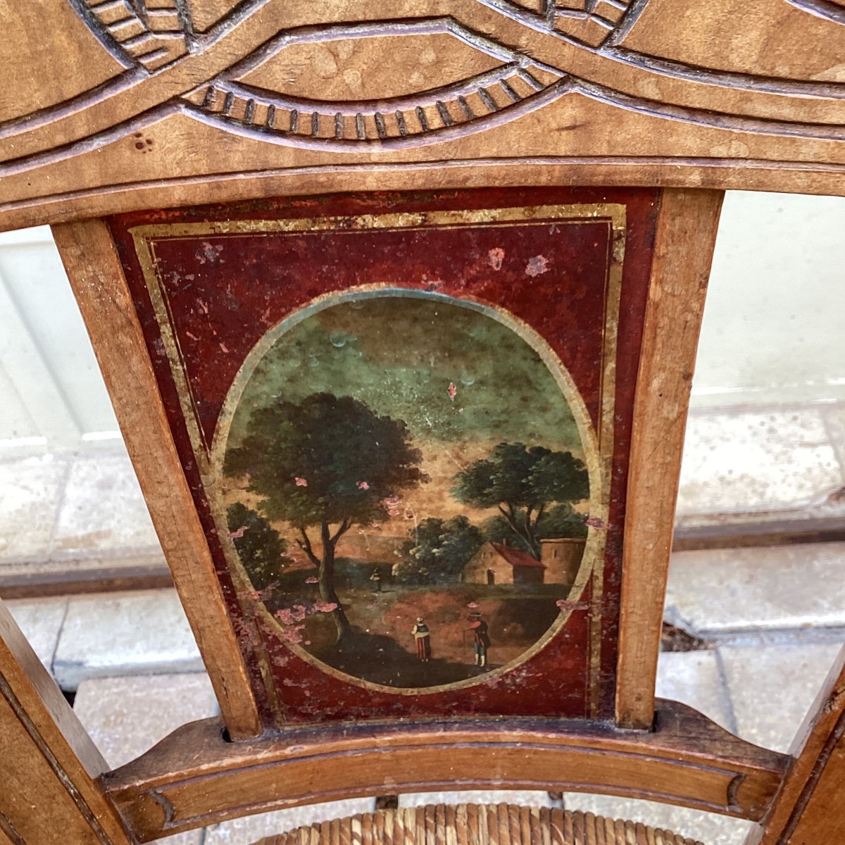 Set Of 4 Provencal Straw Chairs With Painted Backs Of Different Landscapes-photo-2