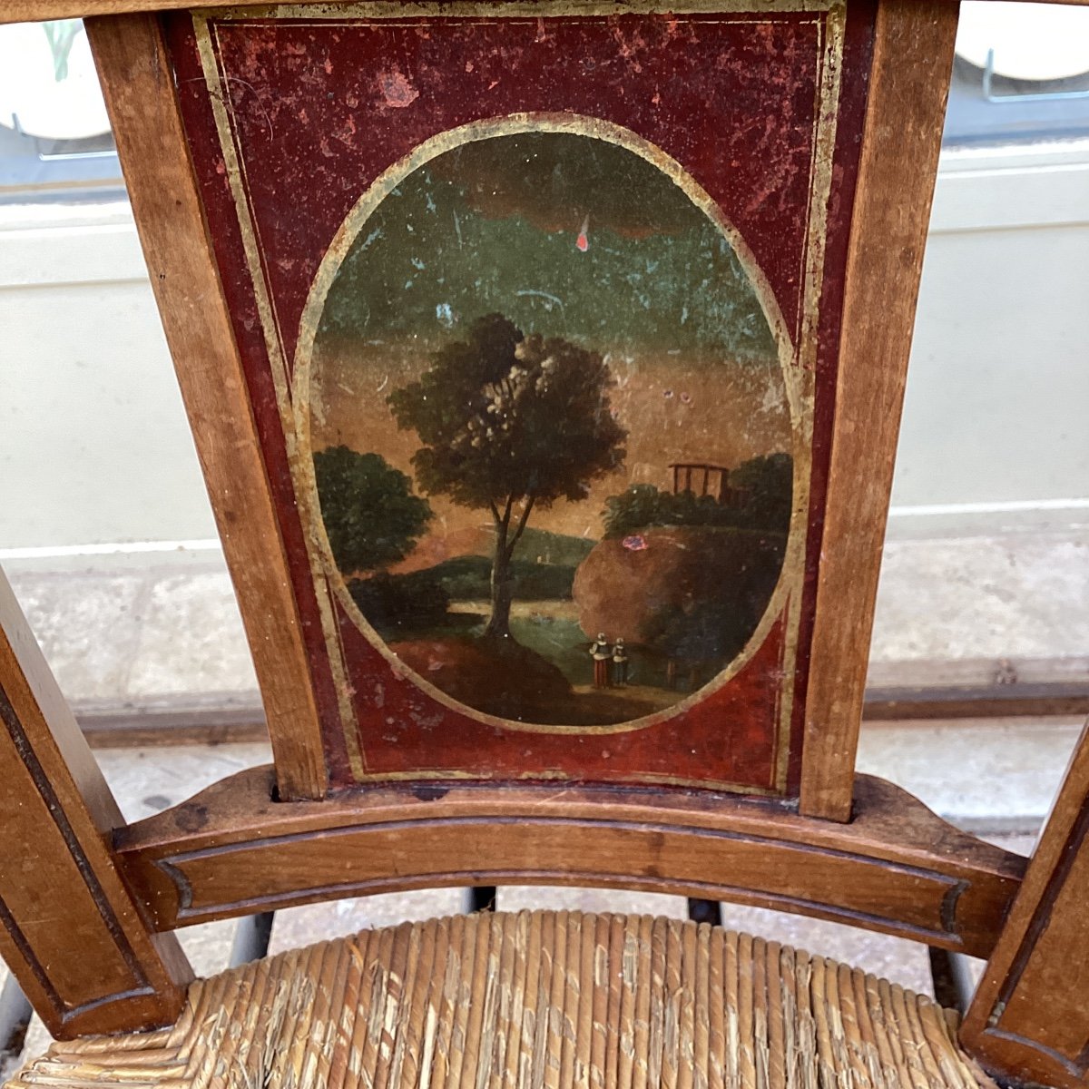 Set Of 4 Provencal Straw Chairs With Painted Backs Of Different Landscapes-photo-4