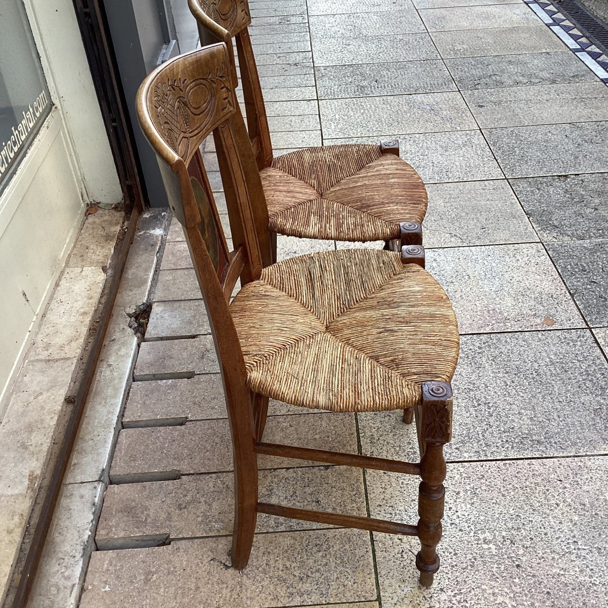 Set Of 4 Provencal Straw Chairs With Painted Backs Of Different Landscapes-photo-2