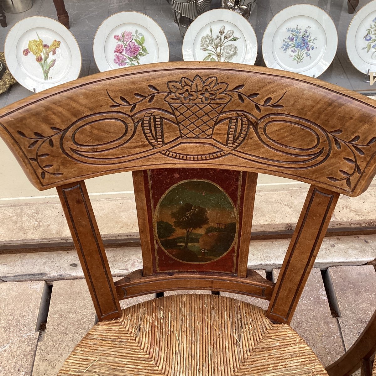 Set Of 4 Provencal Straw Chairs With Painted Backs Of Different Landscapes-photo-4