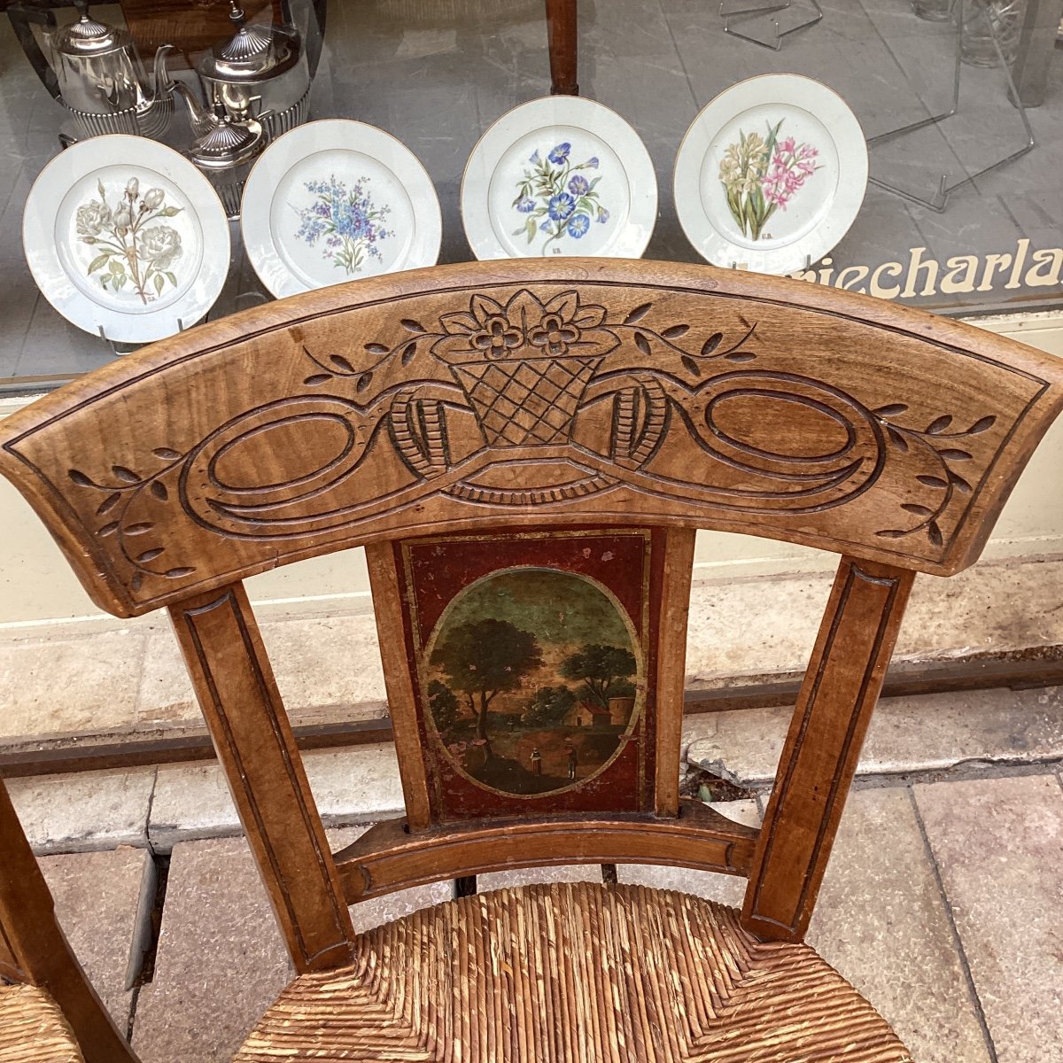 Set Of 4 Provencal Straw Chairs With Painted Backs Of Different Landscapes-photo-5