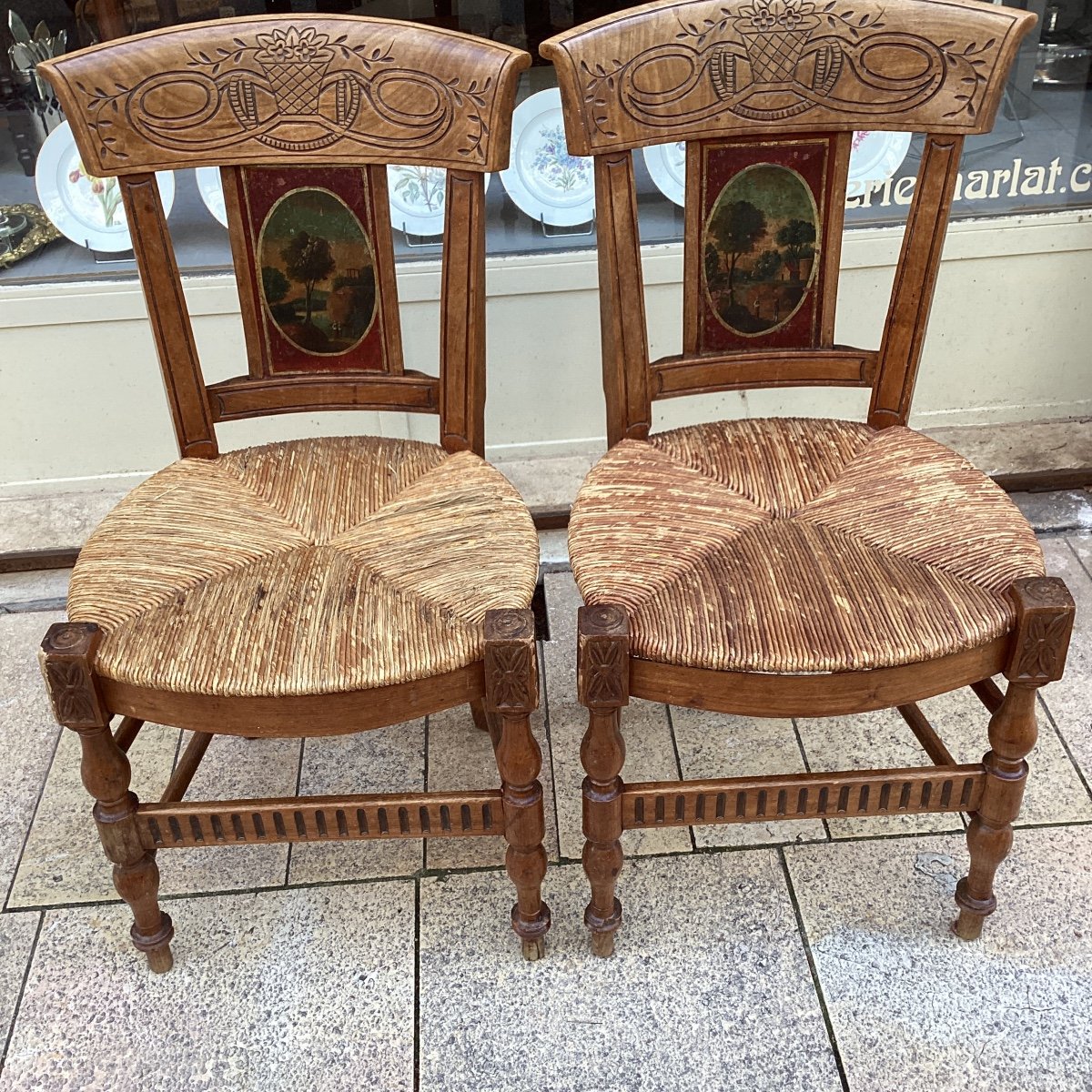 Set Of 4 Provencal Straw Chairs With Painted Backs Of Different Landscapes-photo-7