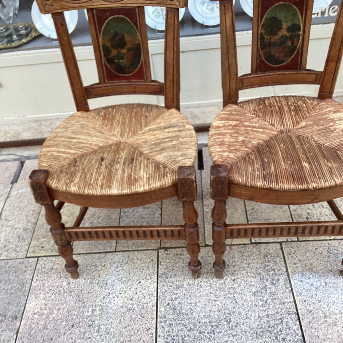 Set Of 4 Provencal Straw Chairs With Painted Backs Of Different Landscapes-photo-8