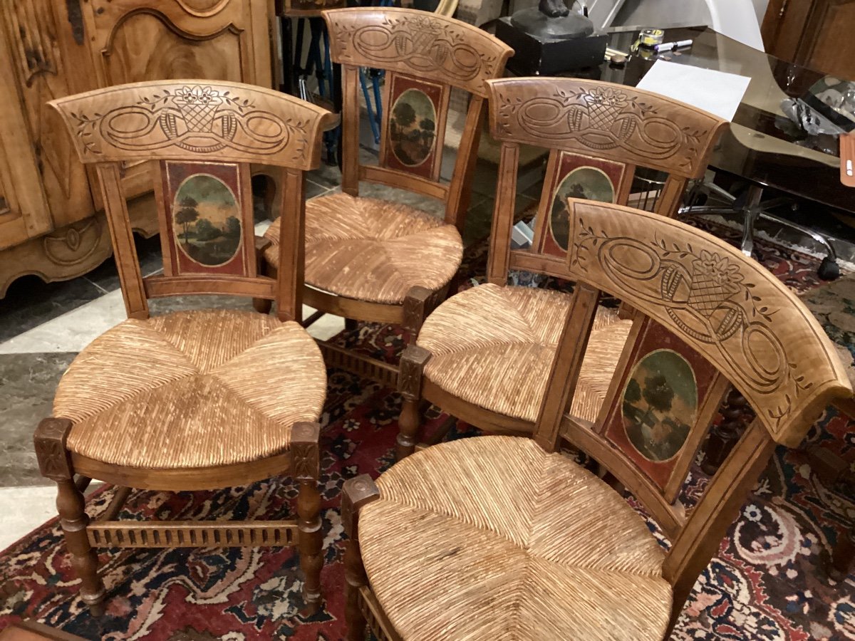 Set Of 4 Provencal Straw Chairs With Painted Backs Of Different Landscapes