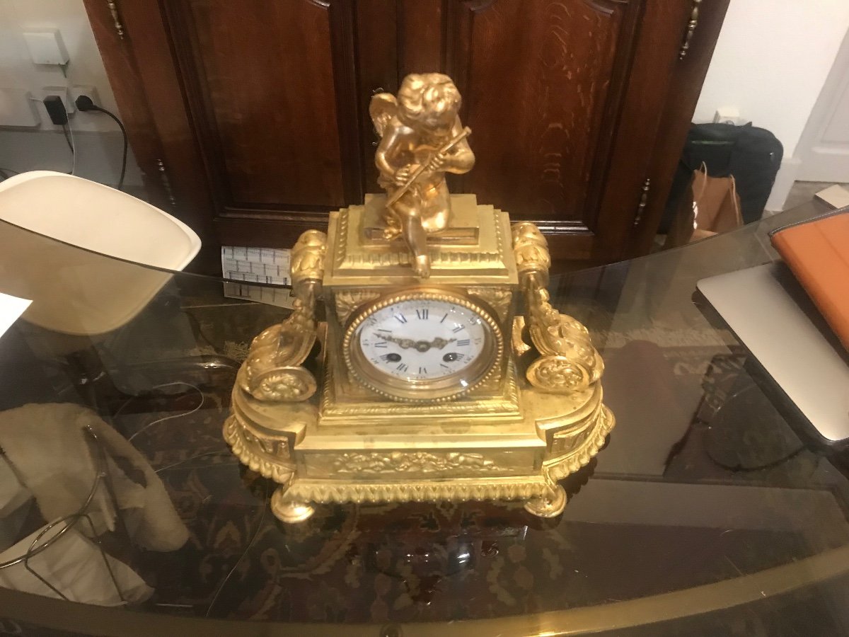 Restoration Clock In Gilt Bronze Topped With A « putti » Playing The Flute-photo-2