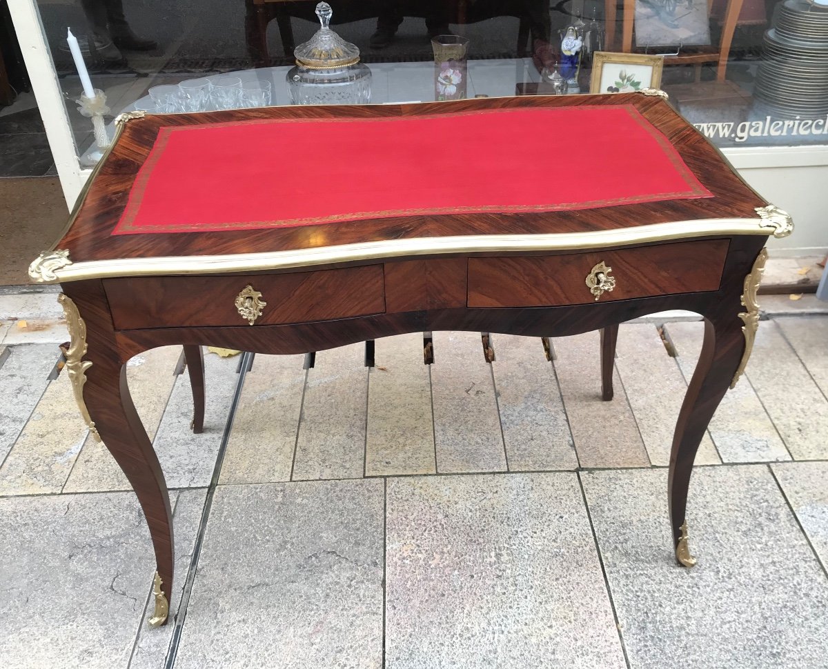 Rare Louis XV Style Writing Table In Marquetry Around 1850