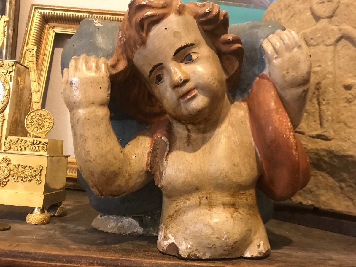 Top Of A Carved Wooden Capital, Polychrome, From The End Of The 18th Century