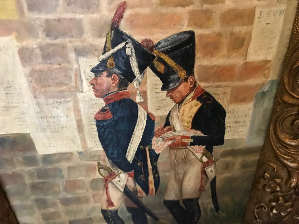 Peinture Sur Toile Du XIX ème Représentant Deux Militaires Lisant Des Affiches,  -photo-2