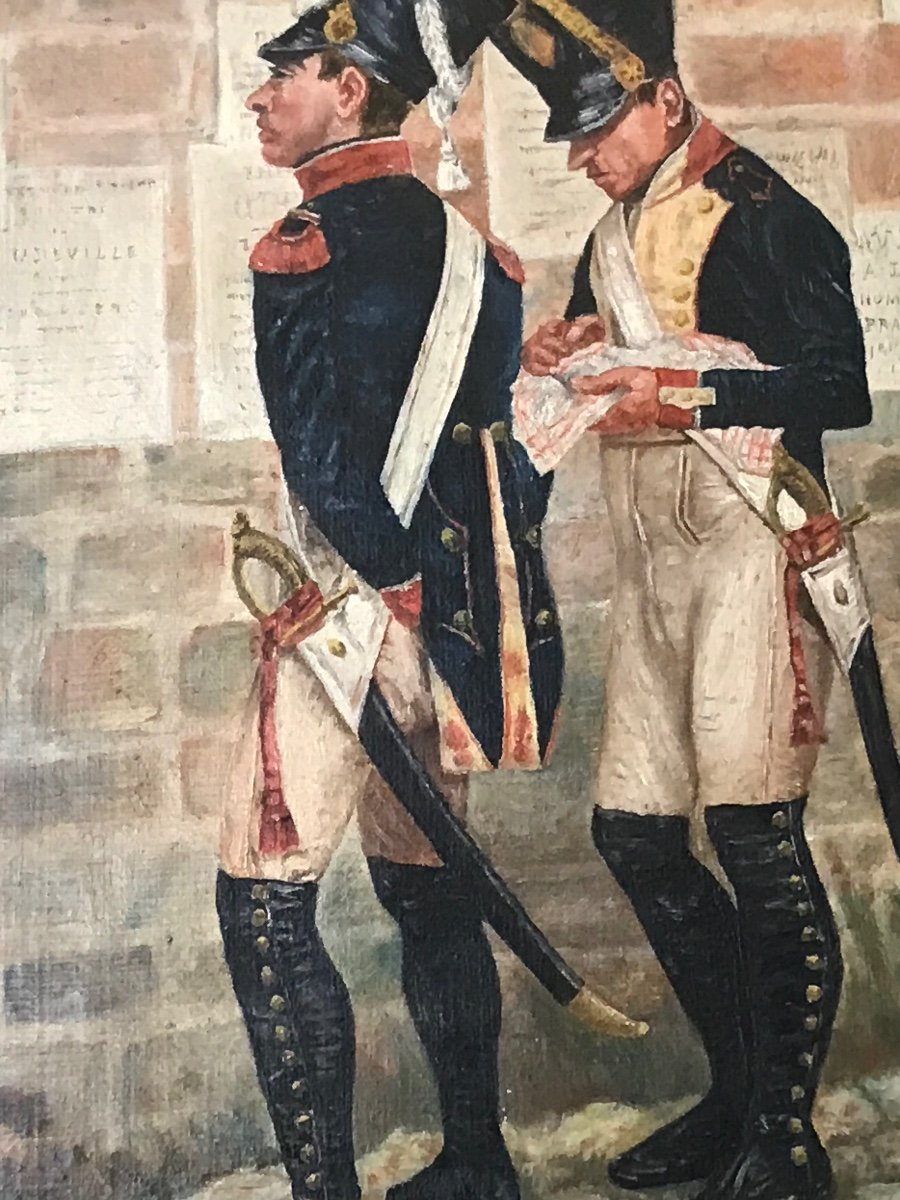 Peinture Sur Toile Du XIX ème Représentant Deux Militaires Lisant Des Affiches,  -photo-2